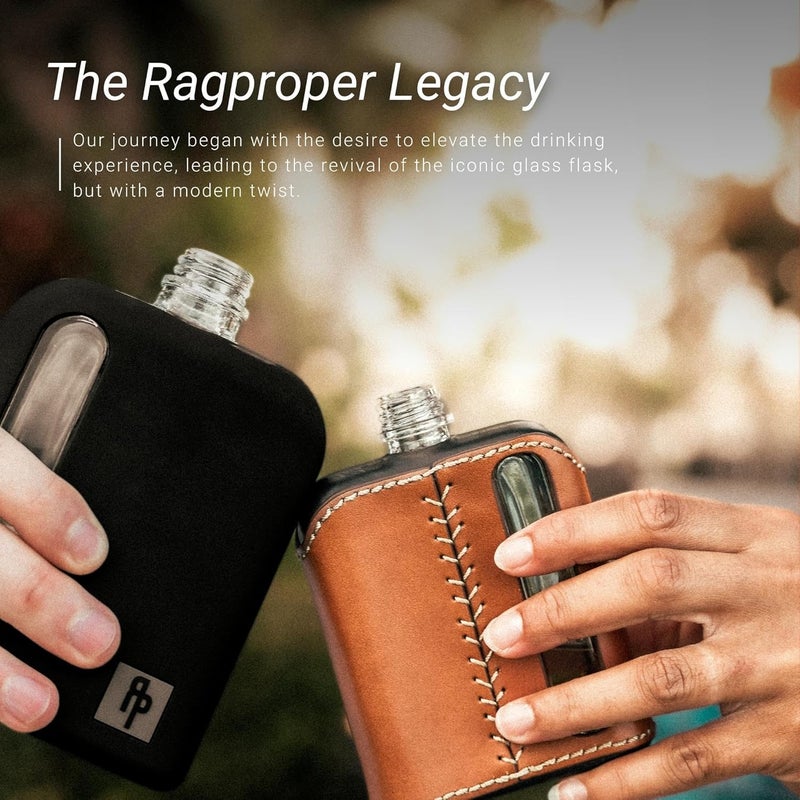 Ragproper Modern Glass Hip Flask - Durable Leather Covered Flask for Whiskey, Spirits, & Other Liquor - Ideal Glass Flask for Men & Women (Double Shot 240ml, Leather, Black & Tan) - Image 5